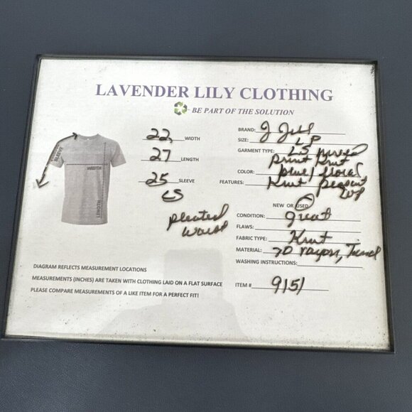 J Jill Women's L Petite Mixed Print Knit Peasant Pleated Top Blue Floral - Picture 10 of 10